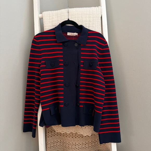 Tory Burch Anya Navy and Red Double Breasted Cardigan Jacket - Picture 3 of 4
